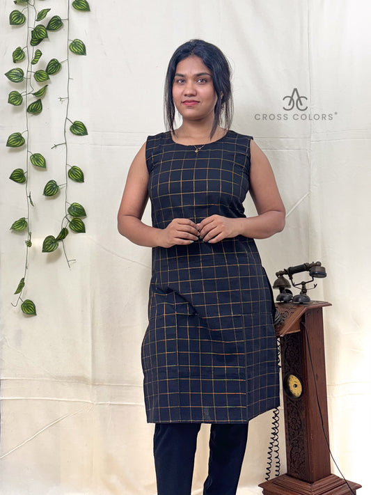 Elegant Black Cotton Sleeveless Kurta with Gold Zari Check Design