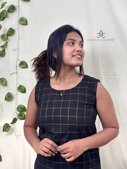 Elegant Black Cotton Sleeveless Kurta with Gold Zari Check Design