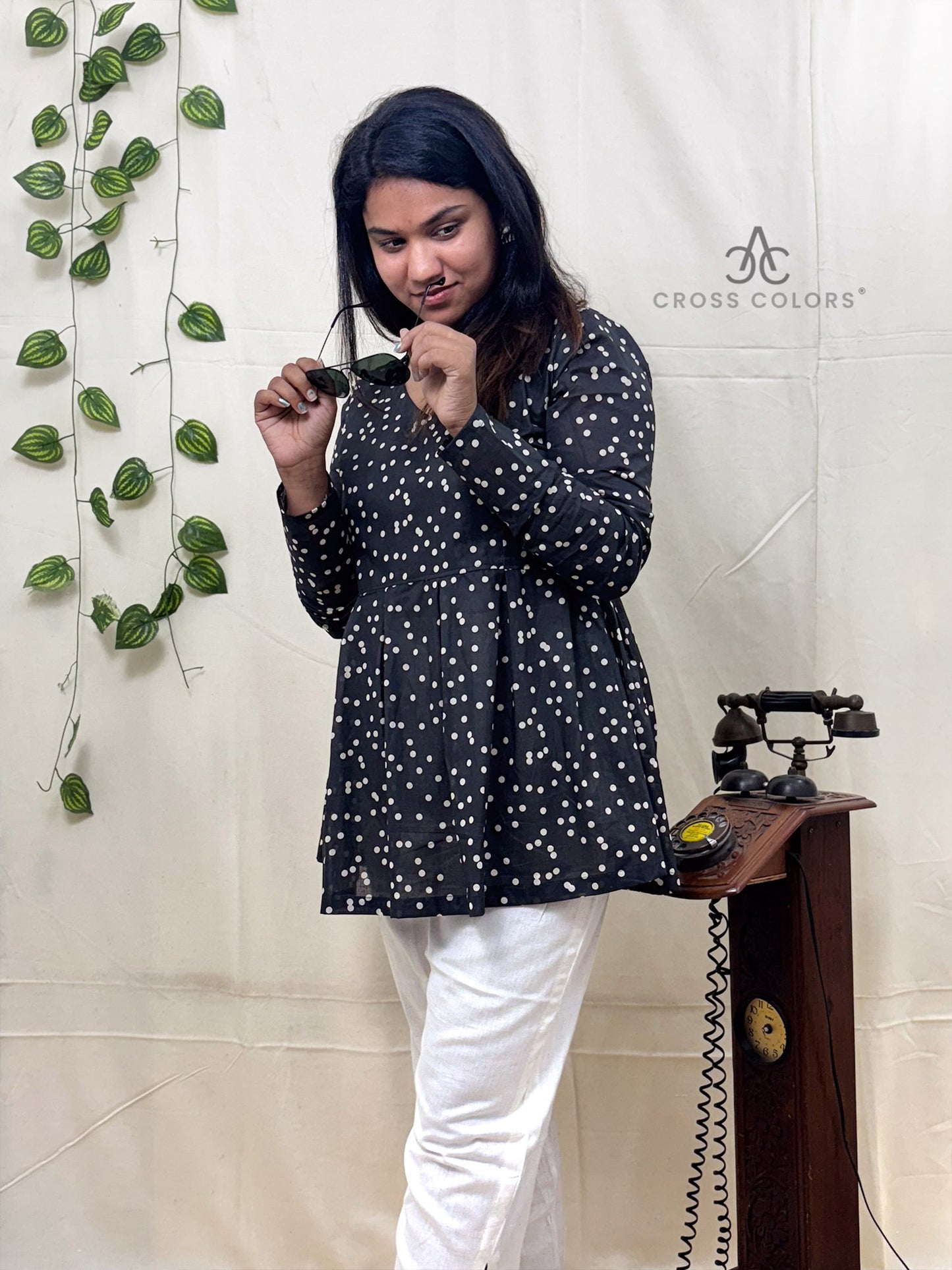 Black Polka Dot Print Indo Western Short Kurti