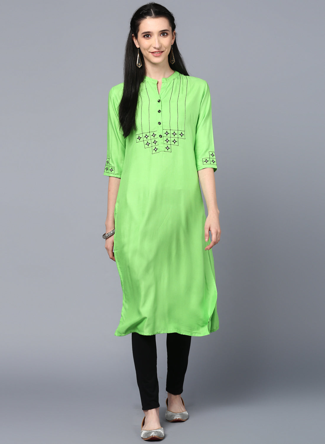 Lime Green Rayon Embroidered Straight Kurta