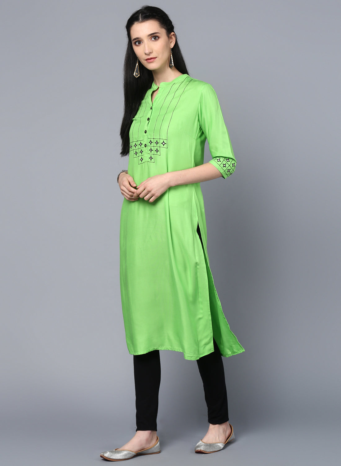 Lime Green Rayon Embroidered Straight Kurta