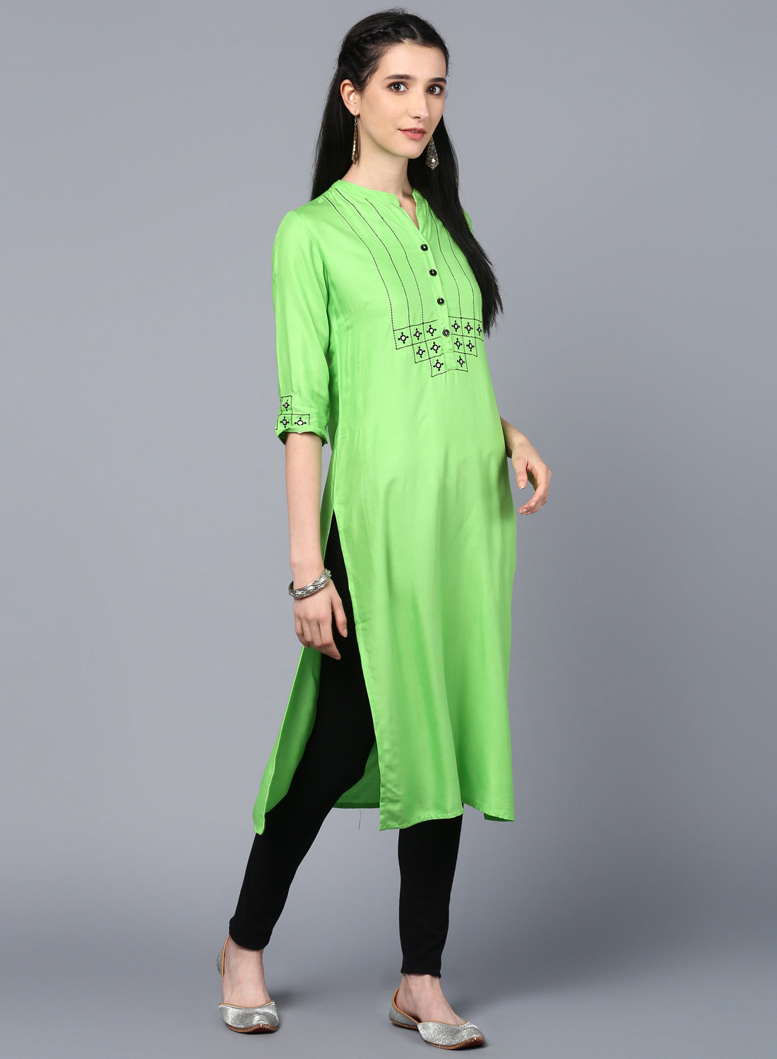 Lime Green Rayon Embroidered Straight Kurta