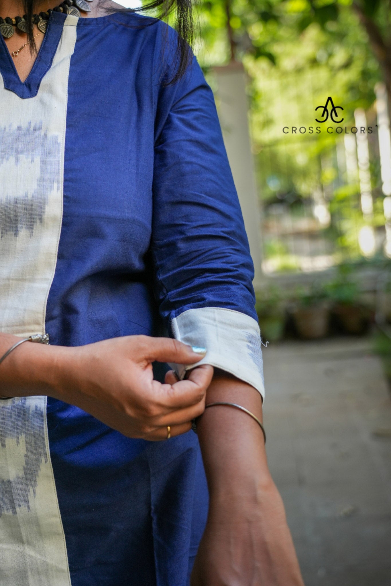 Gray Straight Kurti with Ikat Patch Design | 100% Cotton | 3/4 Sleeves