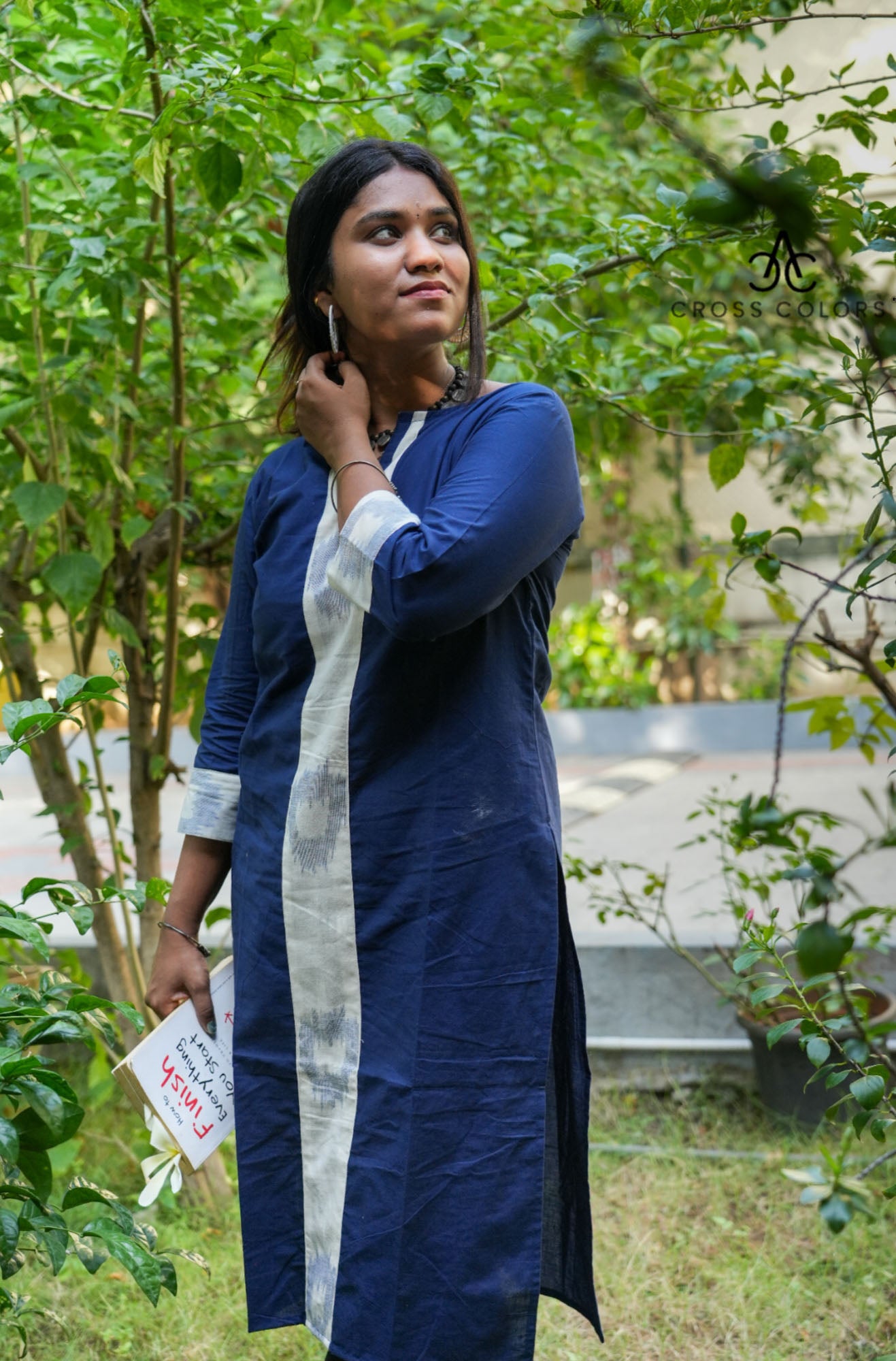 Gray Straight Kurti with Ikat Patch Design | 100% Cotton | 3/4 Sleeves