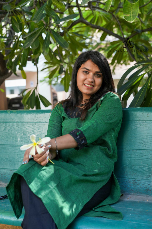 Gray Straight Kurti with Ikat Patch Design