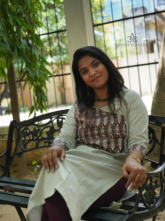 Light Gray Straight Kurti with Block Print Patch