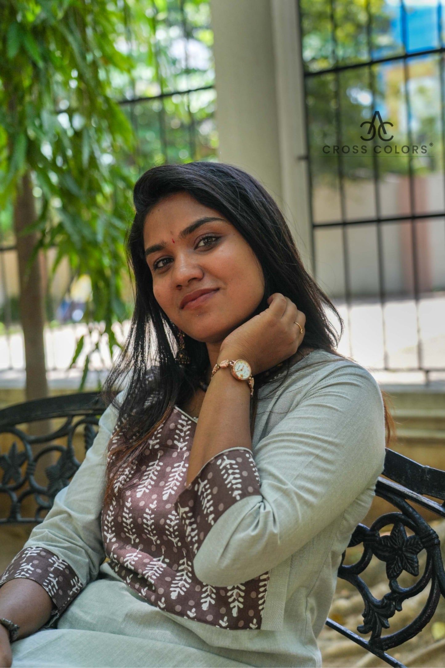 Light Gray Straight Kurti with Block Print Patch