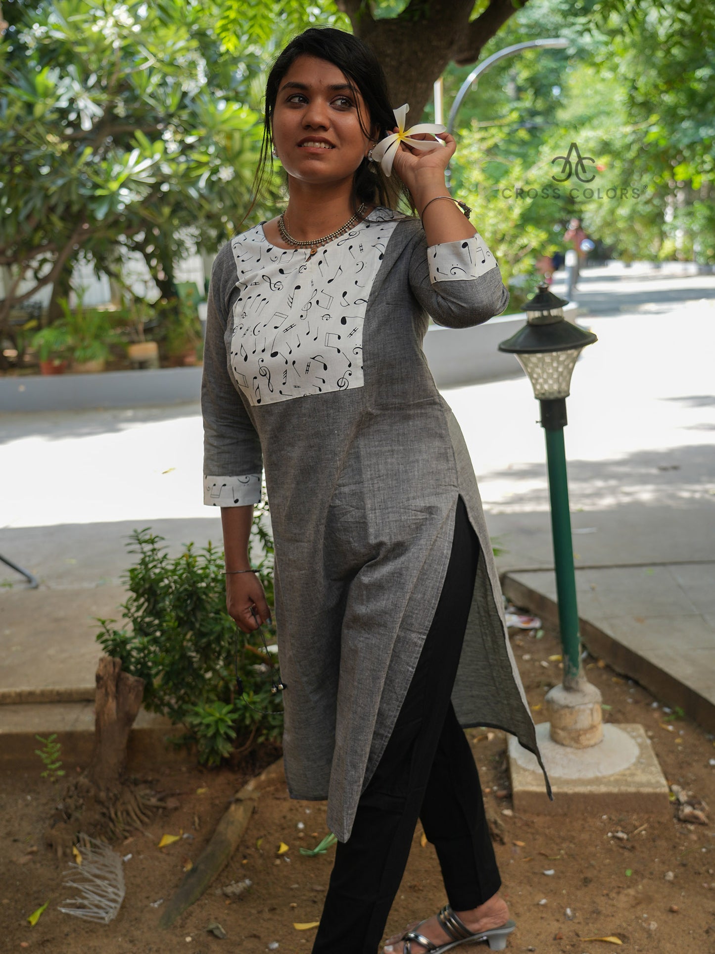 Gray Straight Kurti with Musical Print Patch | 100% Cotton | 3/4 Sleeves