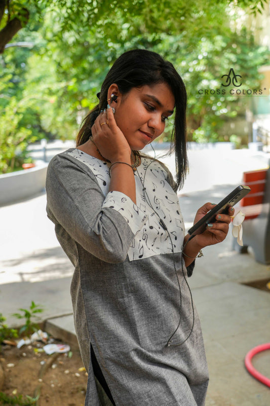 Gray Straight Kurti with Musical Print Patch
