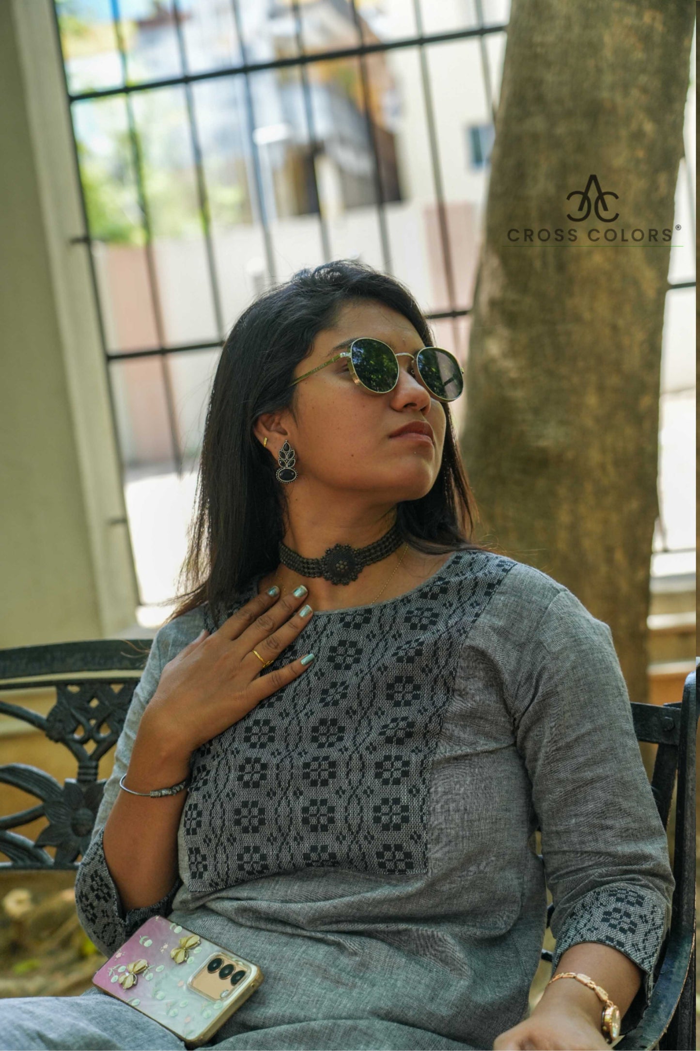 Gray Straight Kurti with Dabby Design Patch | 100% Cotton | 3/4 Sleeves
