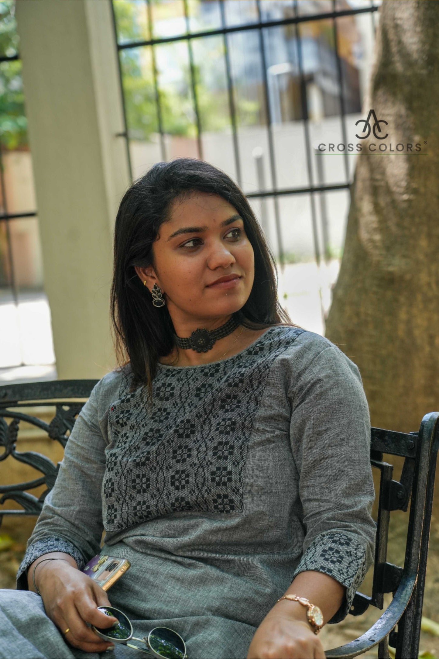 Gray Straight Kurti with Dabby Design Patch