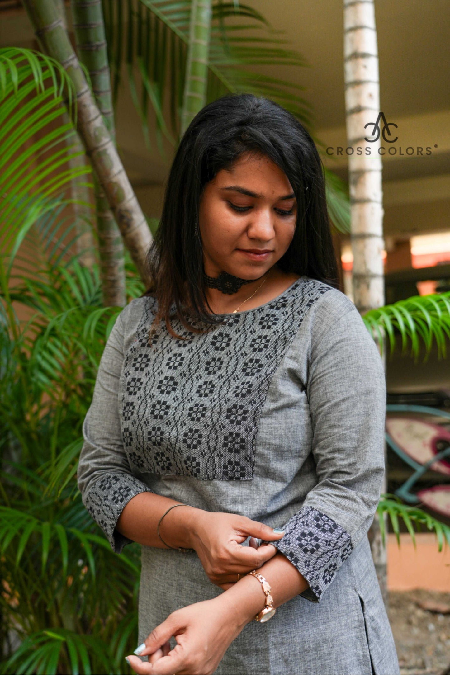Gray Straight Kurti with Dabby Design Patch | 100% Cotton | 3/4 Sleeves