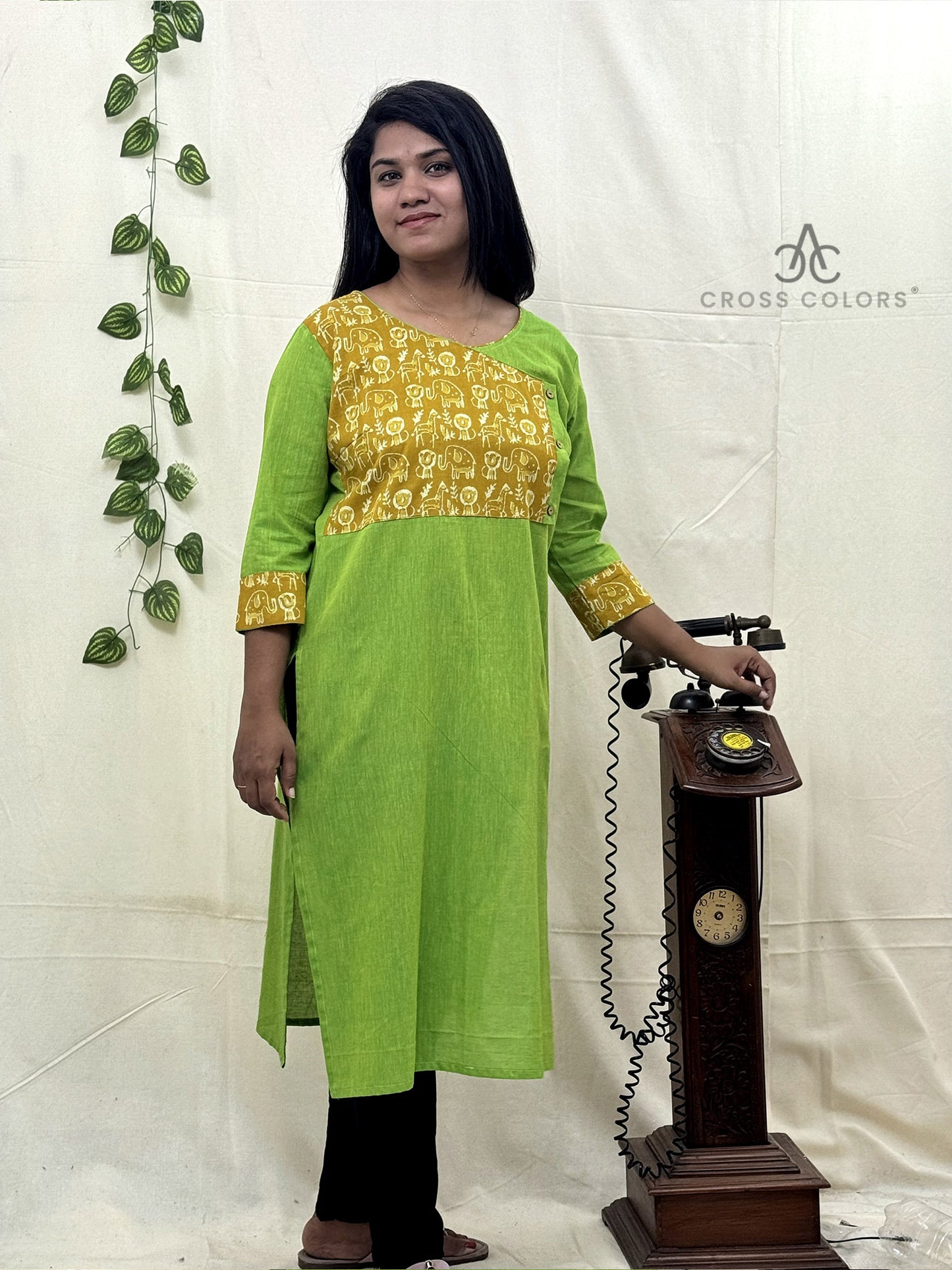 Green Straight Kurti – Yellow Printed Patch Design for Women