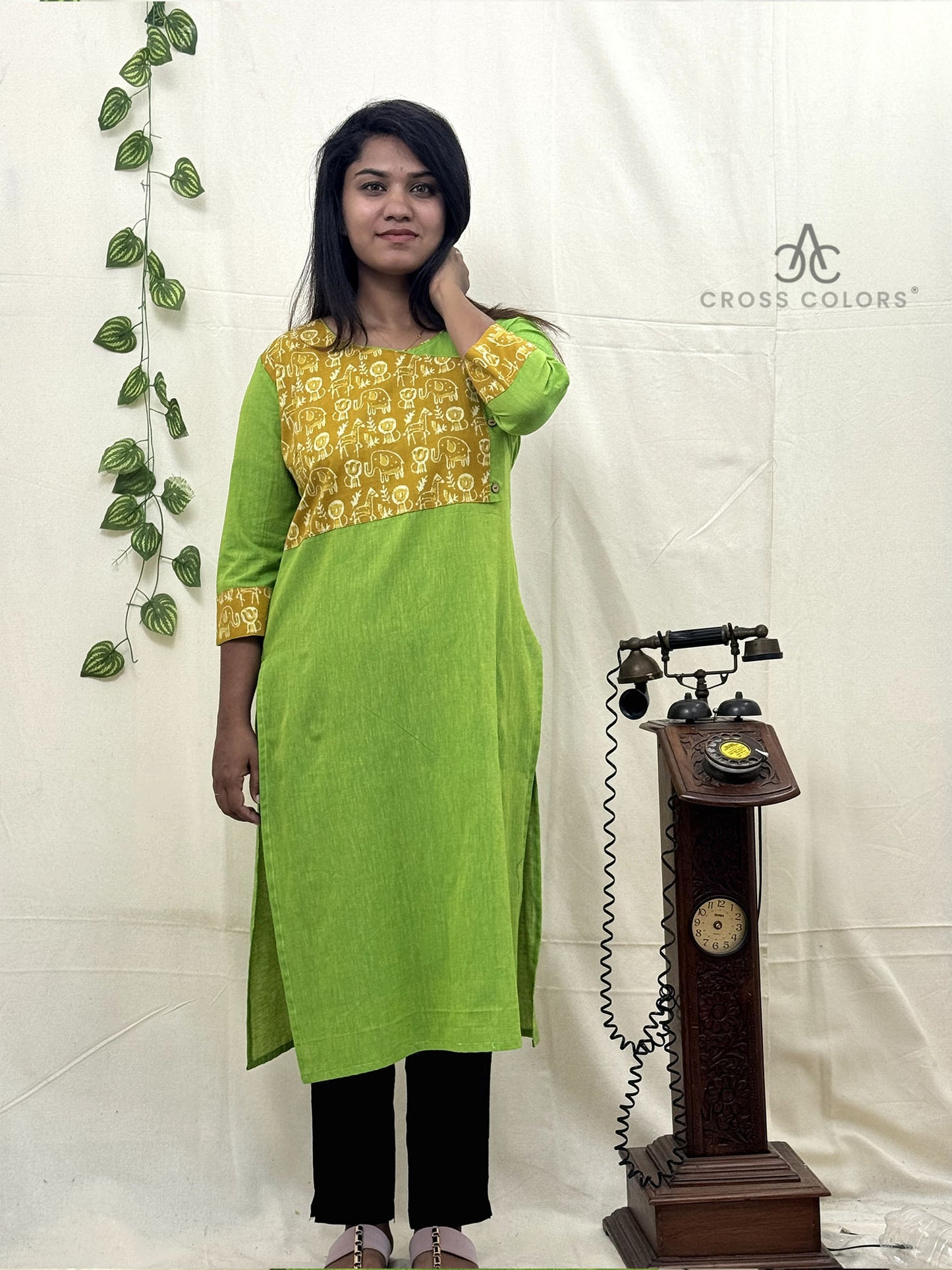 Green Straight Kurti – Yellow Printed Patch Design for Women