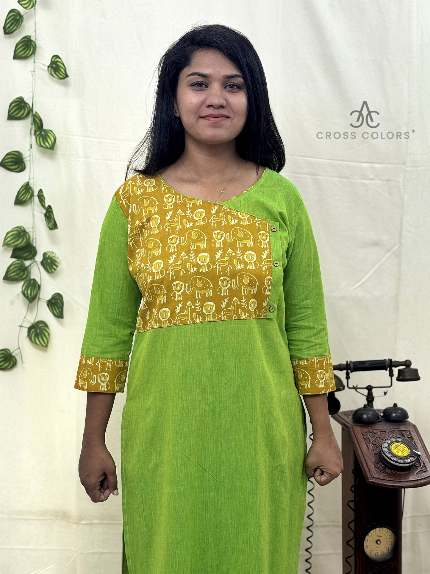 Green Straight Kurti – Yellow Printed Patch Design for Women