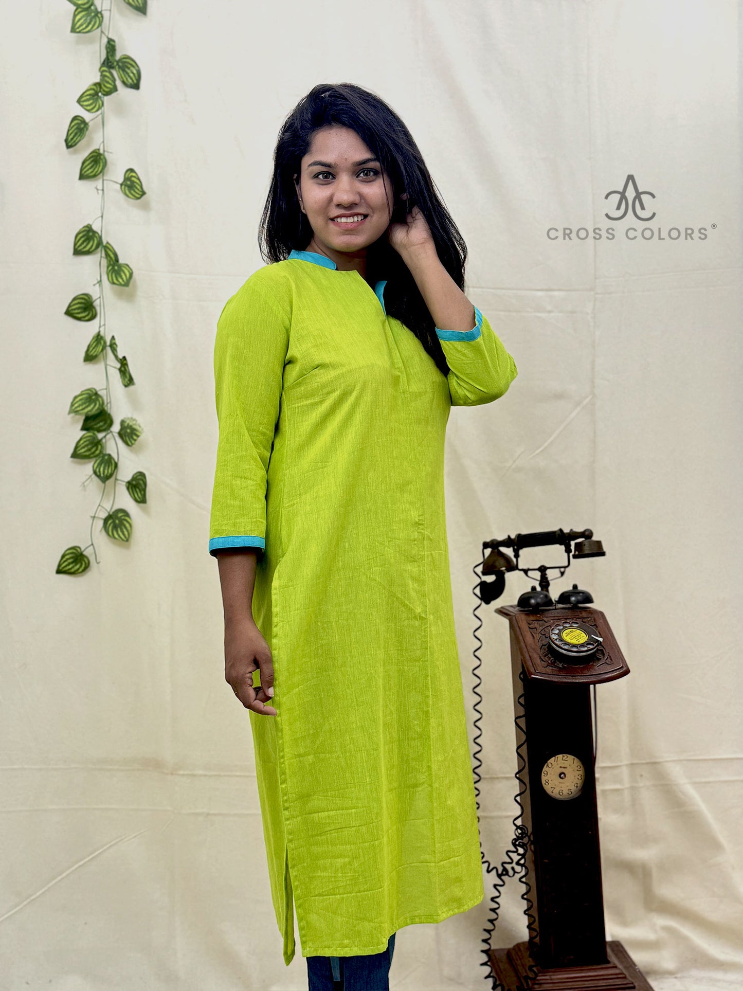 Bright Green Straight Kurti – Semi Chinese Collar with 3/4 Sleeves