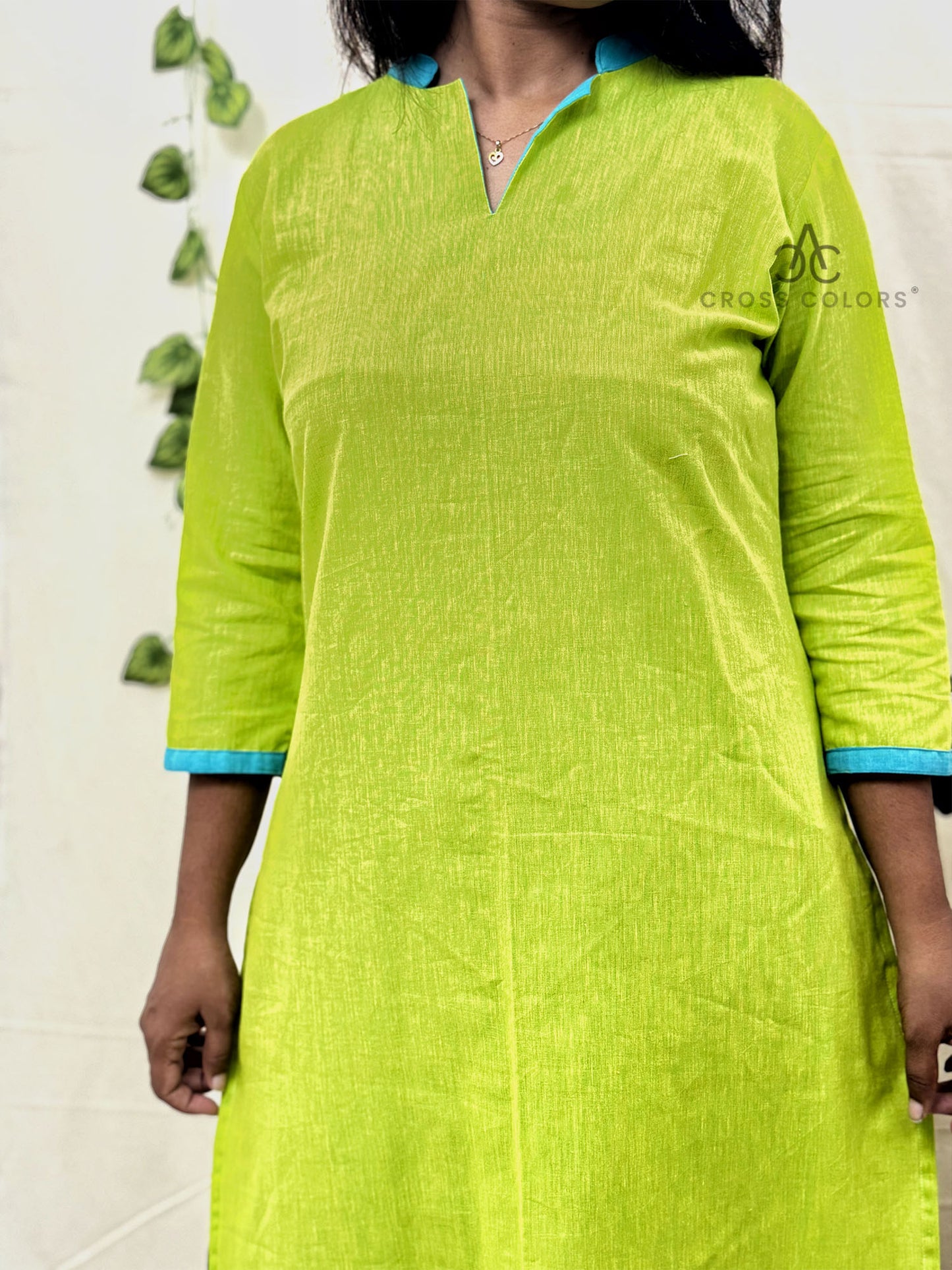 Bright Green Straight Kurti – Semi Chinese Collar with 3/4 Sleeves