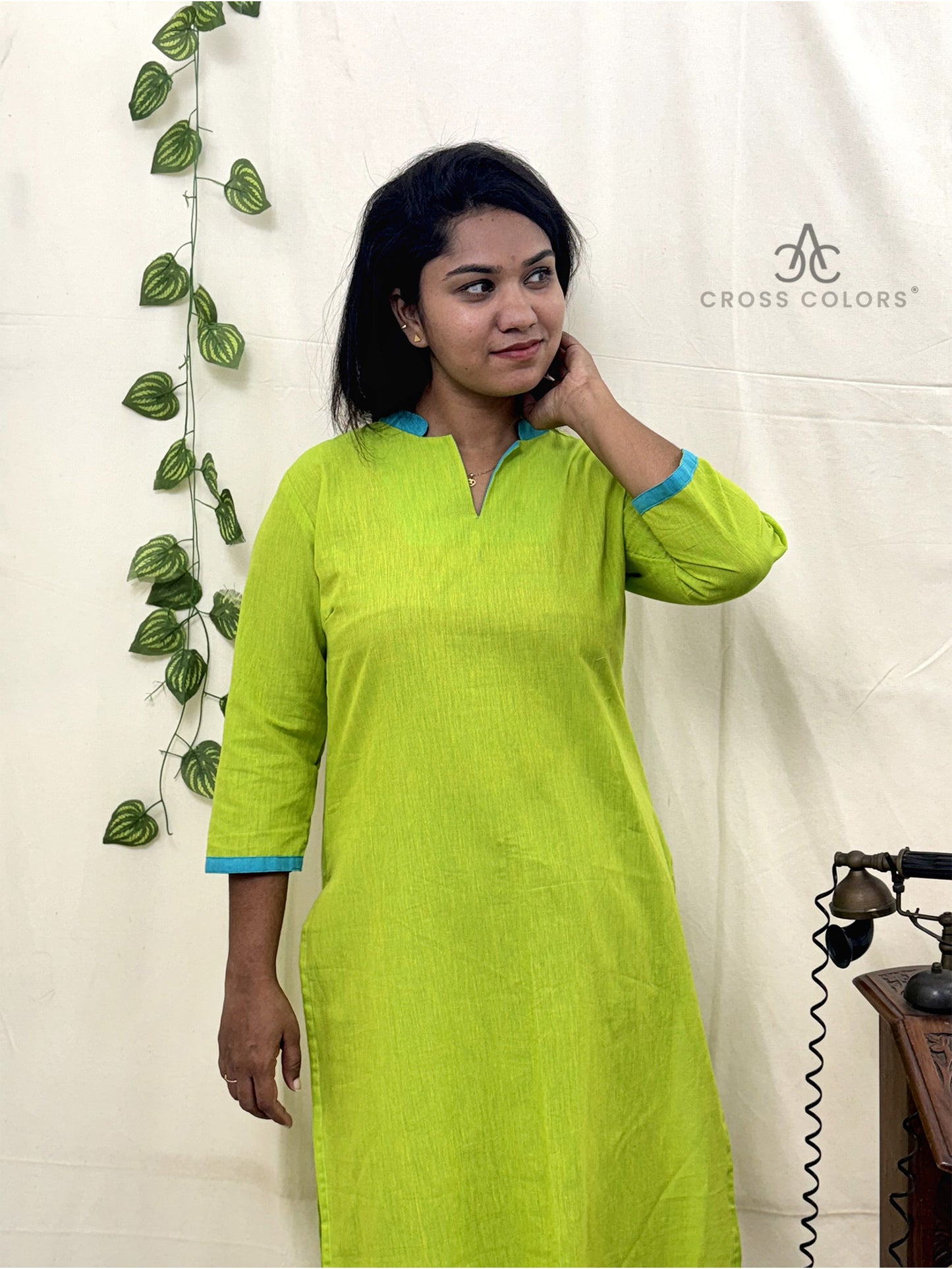 Bright Green Straight Kurti – Semi Chinese Collar with 3/4 Sleeves