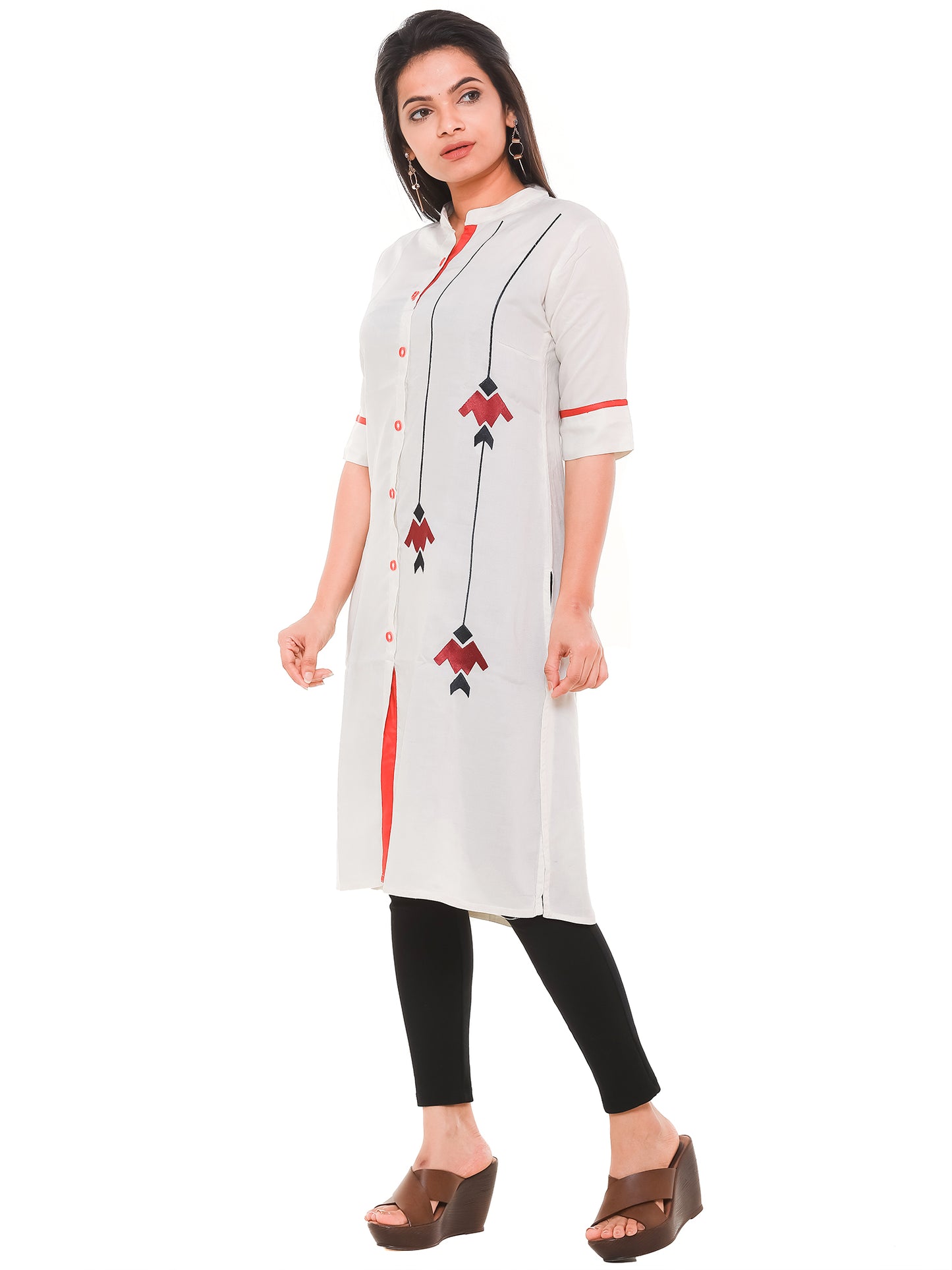 White Rayon Embroidered Straight Kurti