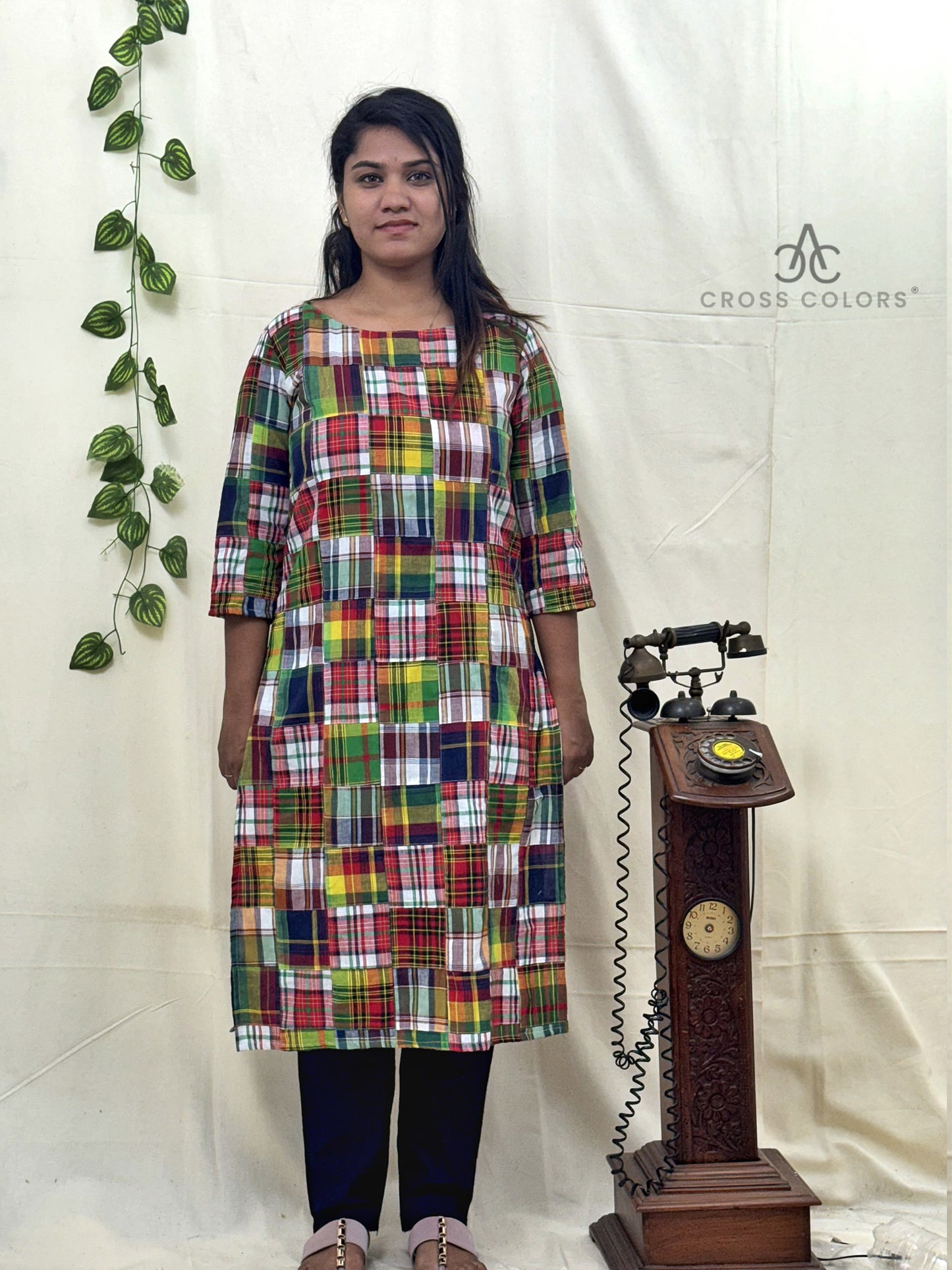 Multicolor Patch Work Kurti – Boat Neck Straight Fit for a Vibrant Look