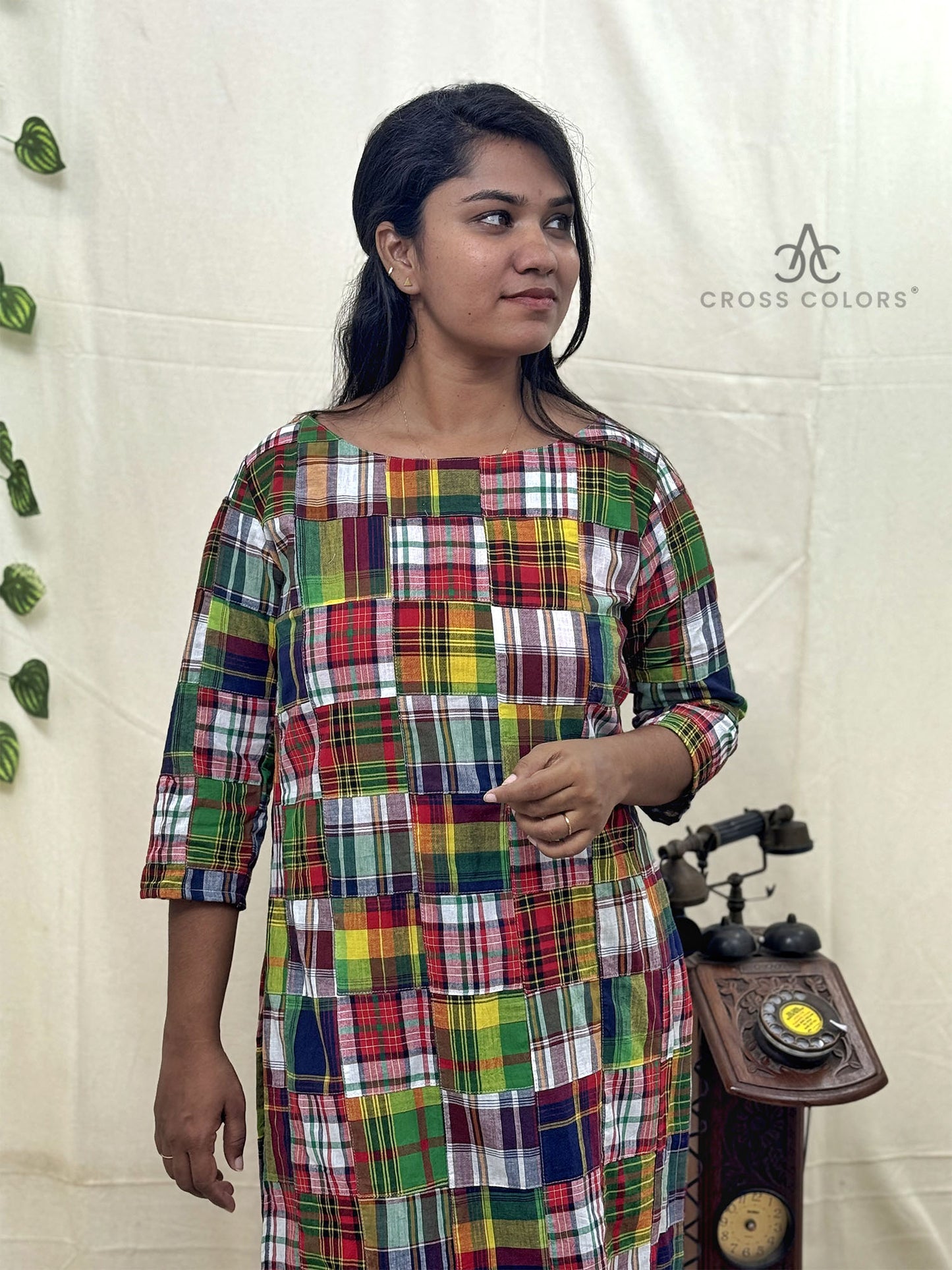 Multicolor Patch Work Kurti – Boat Neck Straight Fit for a Vibrant Look
