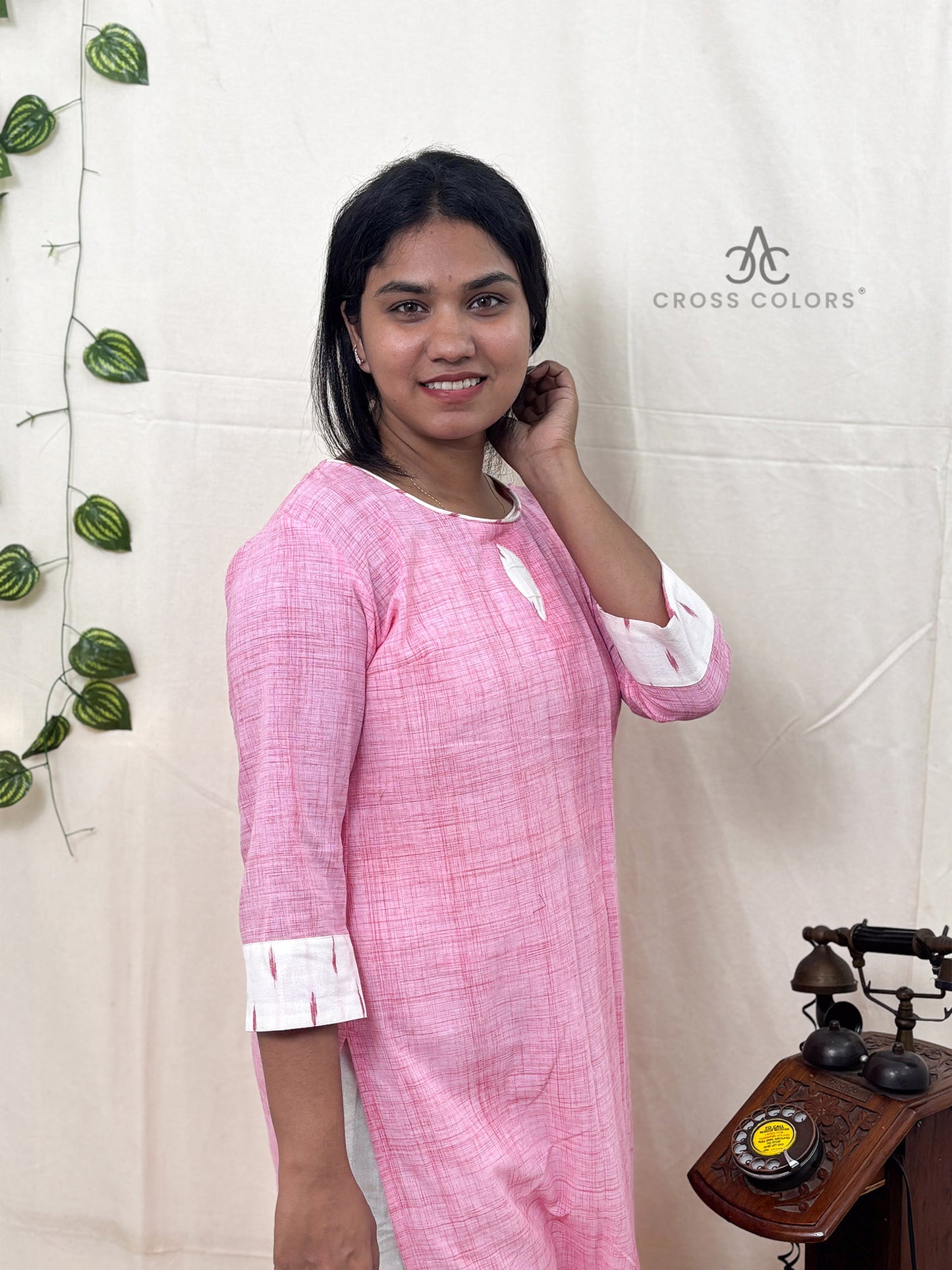 Pink Raindrop Print Straight Kurti with Ikat Patch | 100% Cotton | 3/4 Sleeves