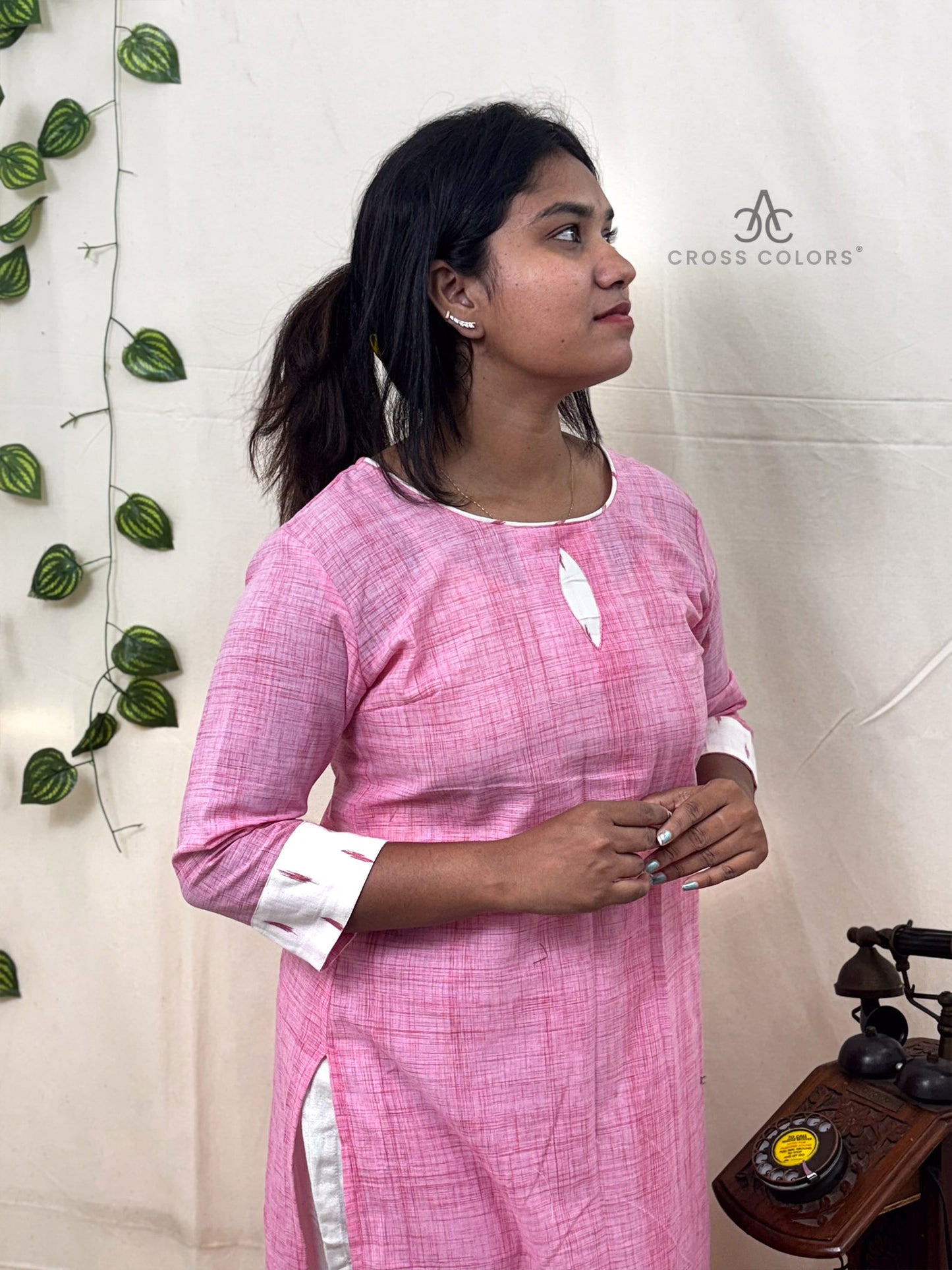 Pink Raindrop Print Straight Kurti with Ikat Patch | 100% Cotton | 3/4 Sleeves