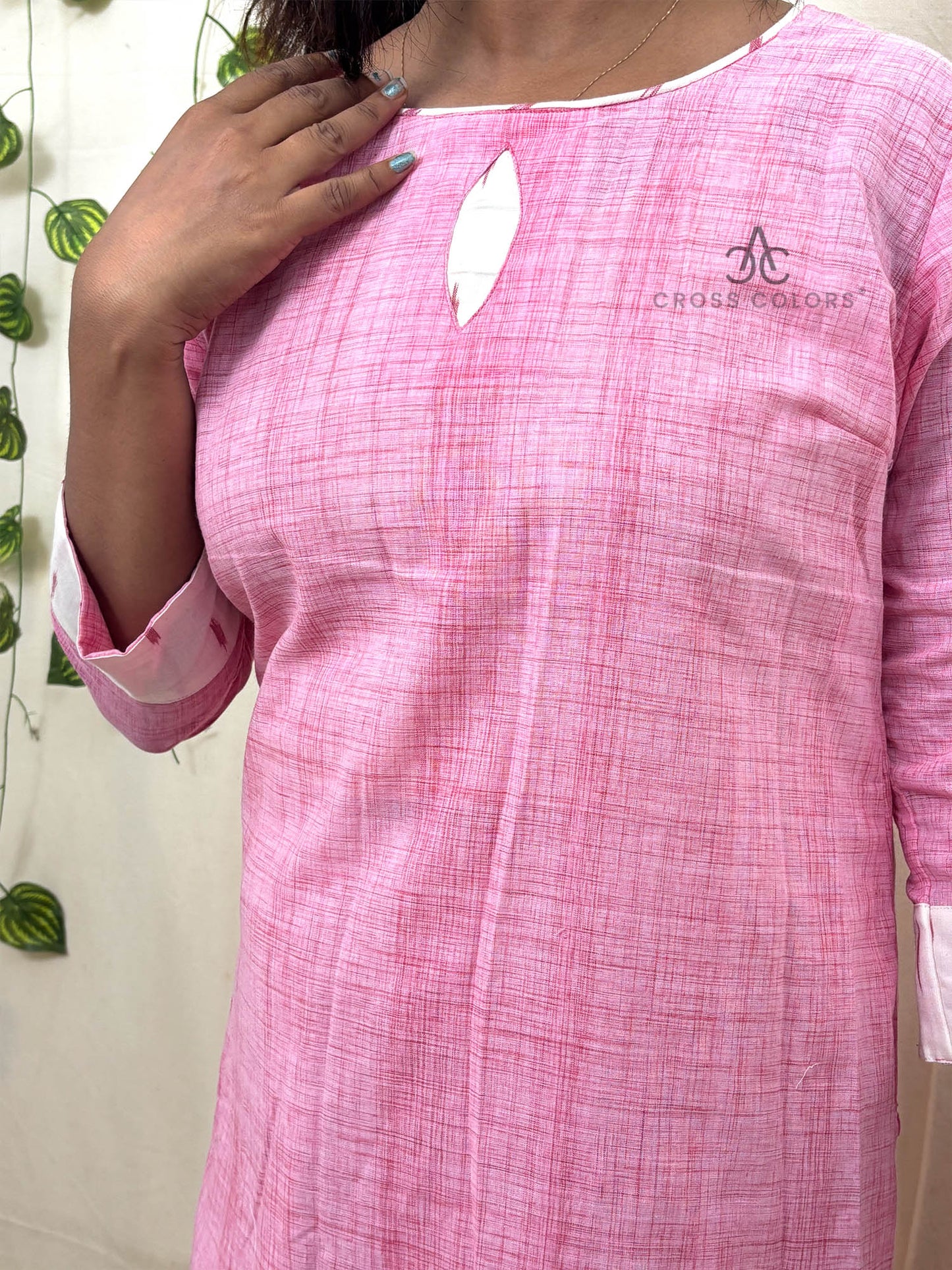 Pink Raindrop Print Straight Kurti with Ikat Patch | 100% Cotton | 3/4 Sleeves