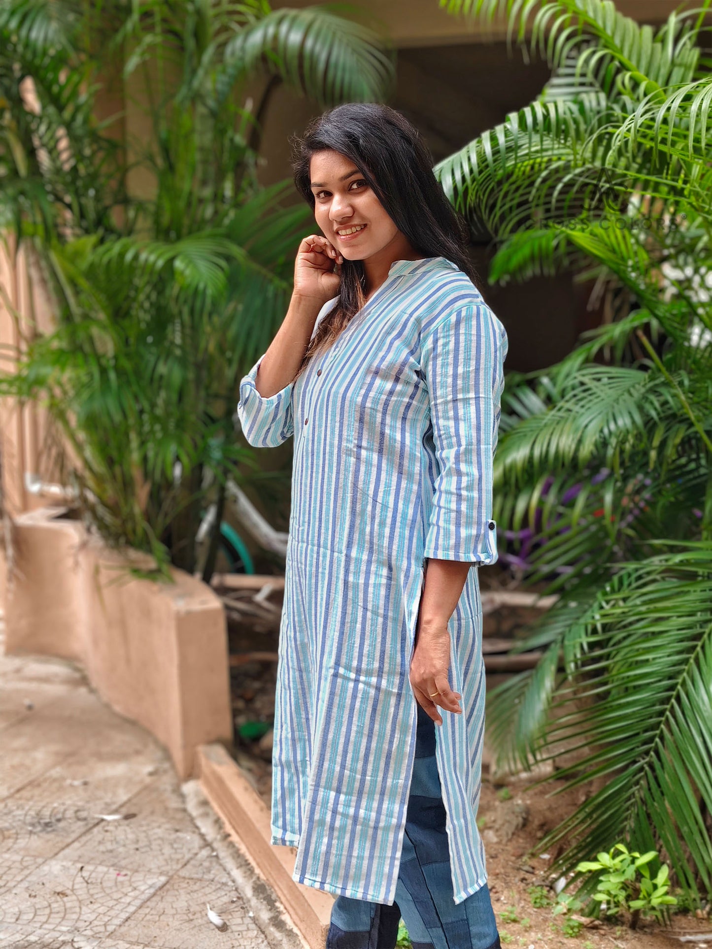 Chinese Collar Striped Kurti – Stylish 3/4 Sleeve Straight Fit for Everyday Elegance