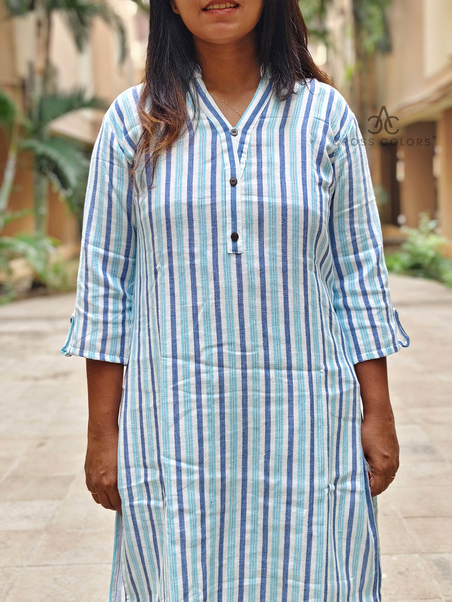 Chinese Collar Striped Kurti – Stylish 3/4 Sleeve Straight Fit for Everyday Elegance