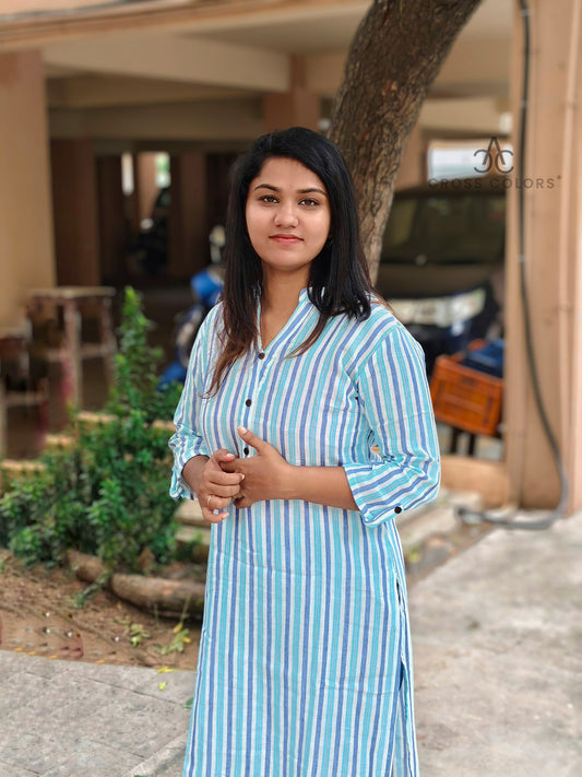 Chinese Collar Striped Kurti β Stylish 3/4 Sleeve Straight Fit for Everyday Elegance