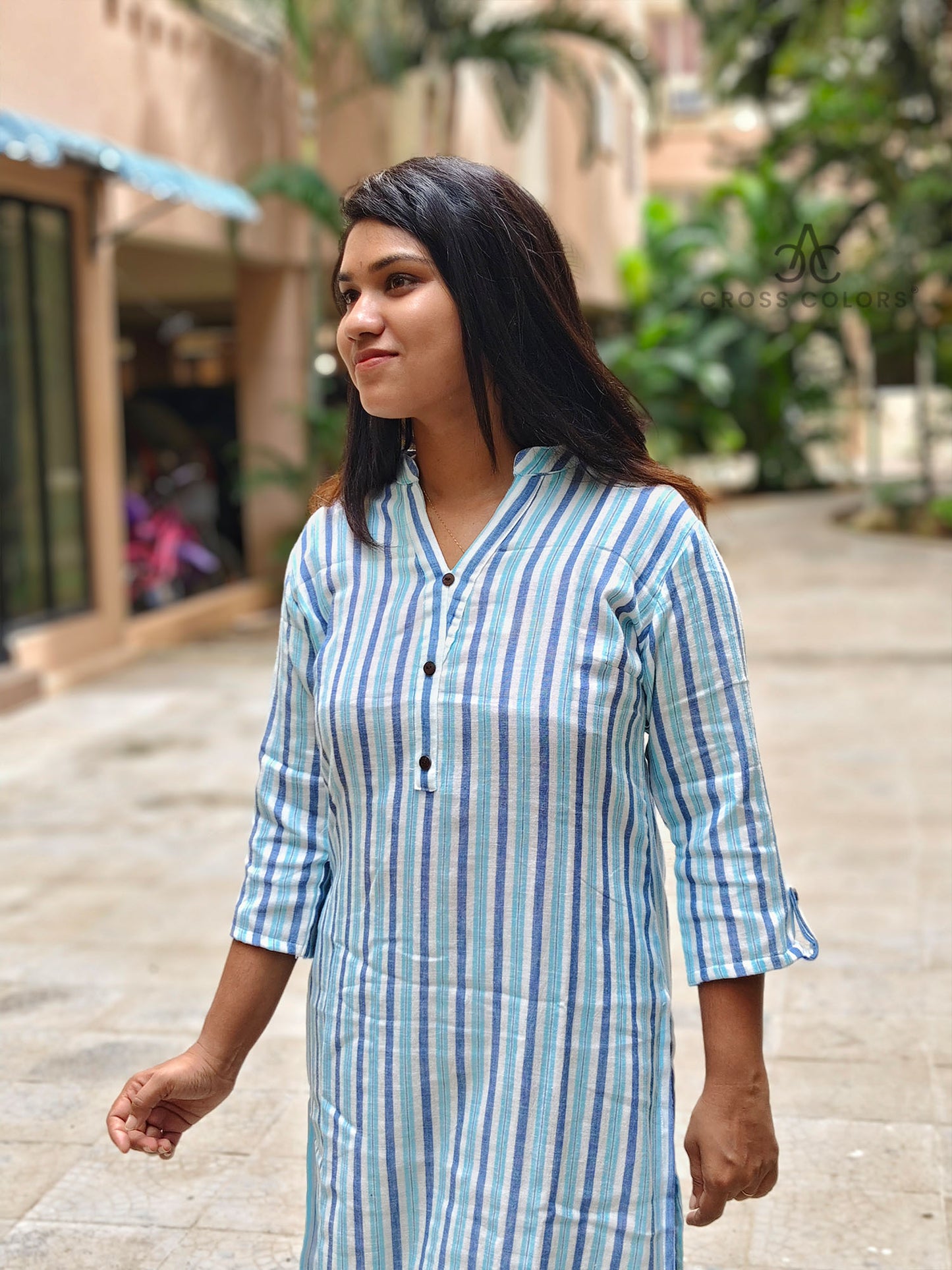 Chinese Collar Striped Kurti – Stylish 3/4 Sleeve Straight Fit for Everyday Elegance