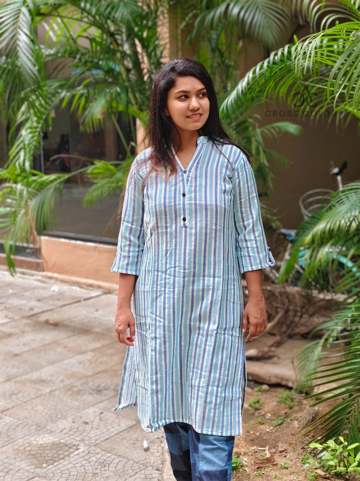 Chinese Collar Striped Kurti – Stylish 3/4 Sleeve Straight Fit for Everyday Elegance