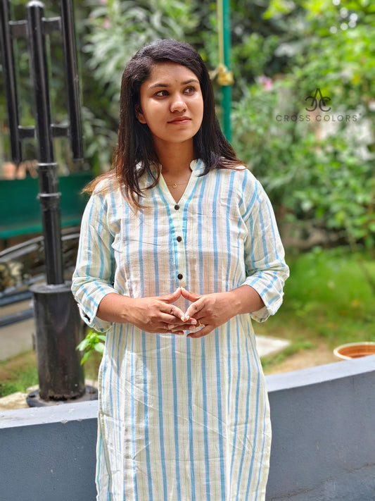 Greenish Blue Striped Kurti β Chinese Collar Straight Fit with 3/4 Sleeves