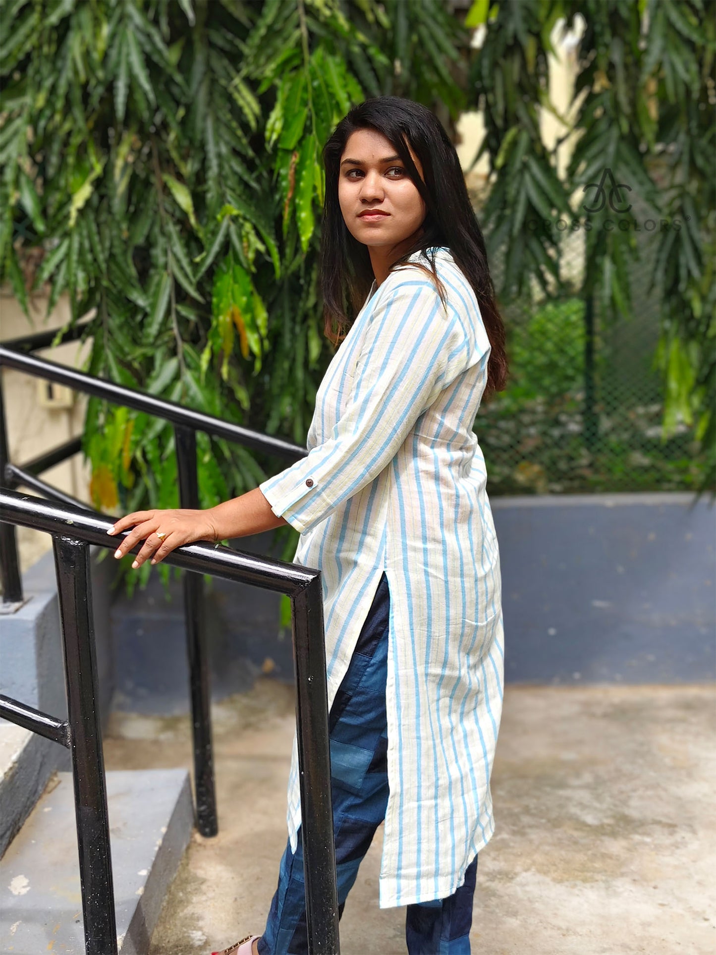 Greenish Blue Striped Kurti – Chinese Collar Straight Fit with 3/4 Sleeves