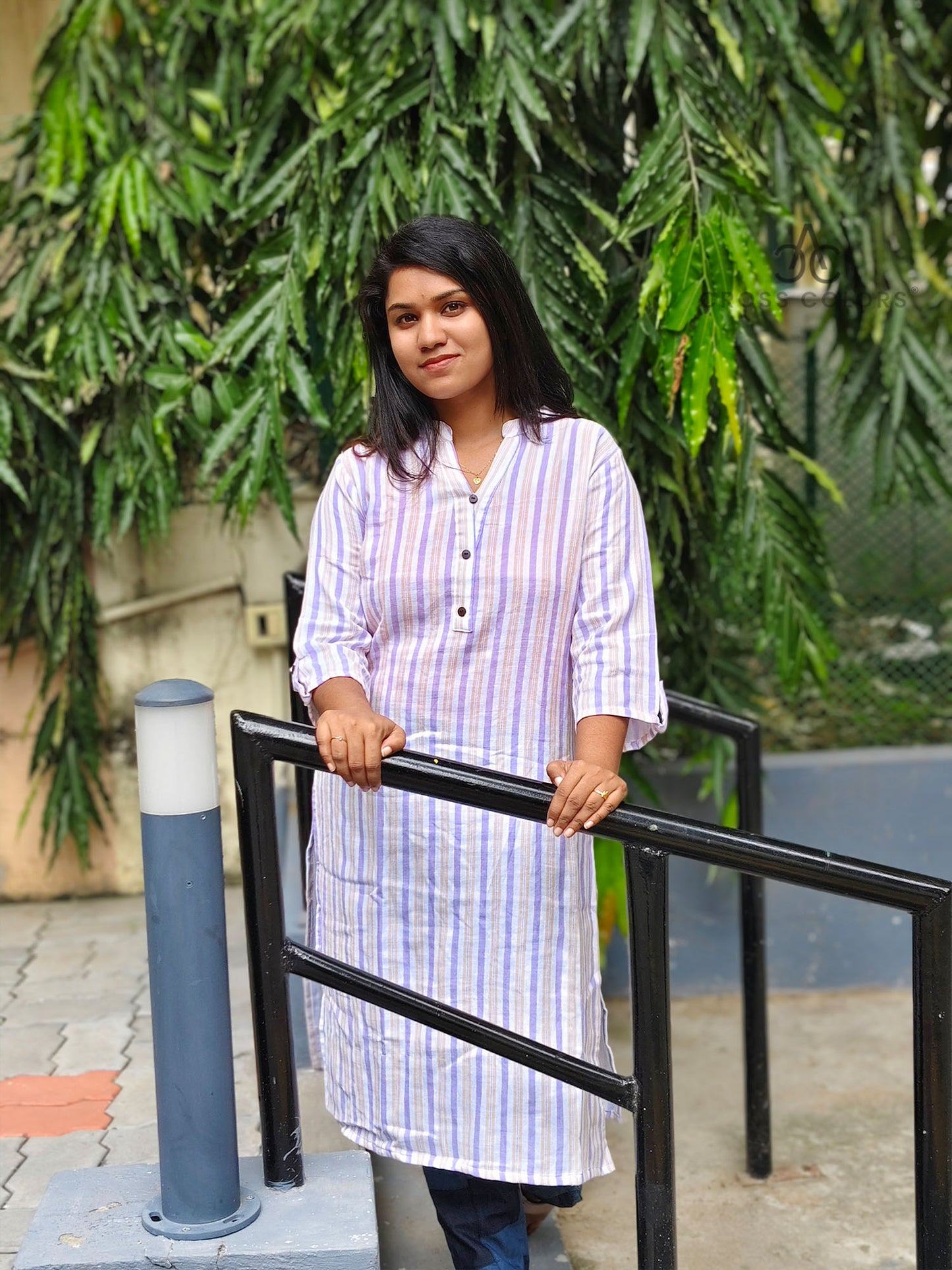 Violet Striped Kurti – Chinese Collar Straight Fit with 3/4 Sleeves