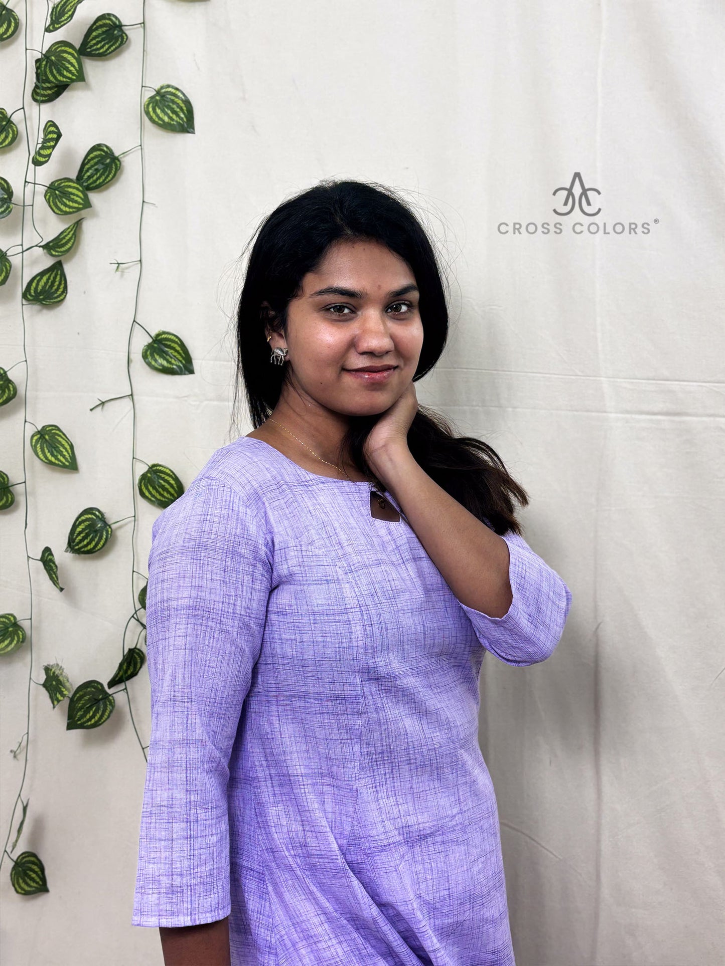 Violet Indo-Western Long Dress with Hip Pintuck Style | 100% Cotton | 3/4 Sleeves