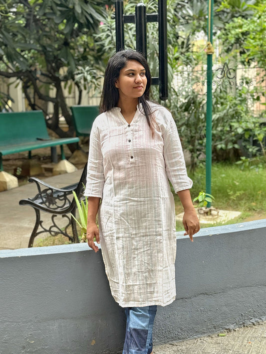 White Striped Kurti β Chinese Collar Straight Fit with 3/4 Sleeves