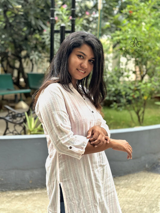 White Striped Kurti β Chinese Collar Straight Fit with 3/4 Sleeves