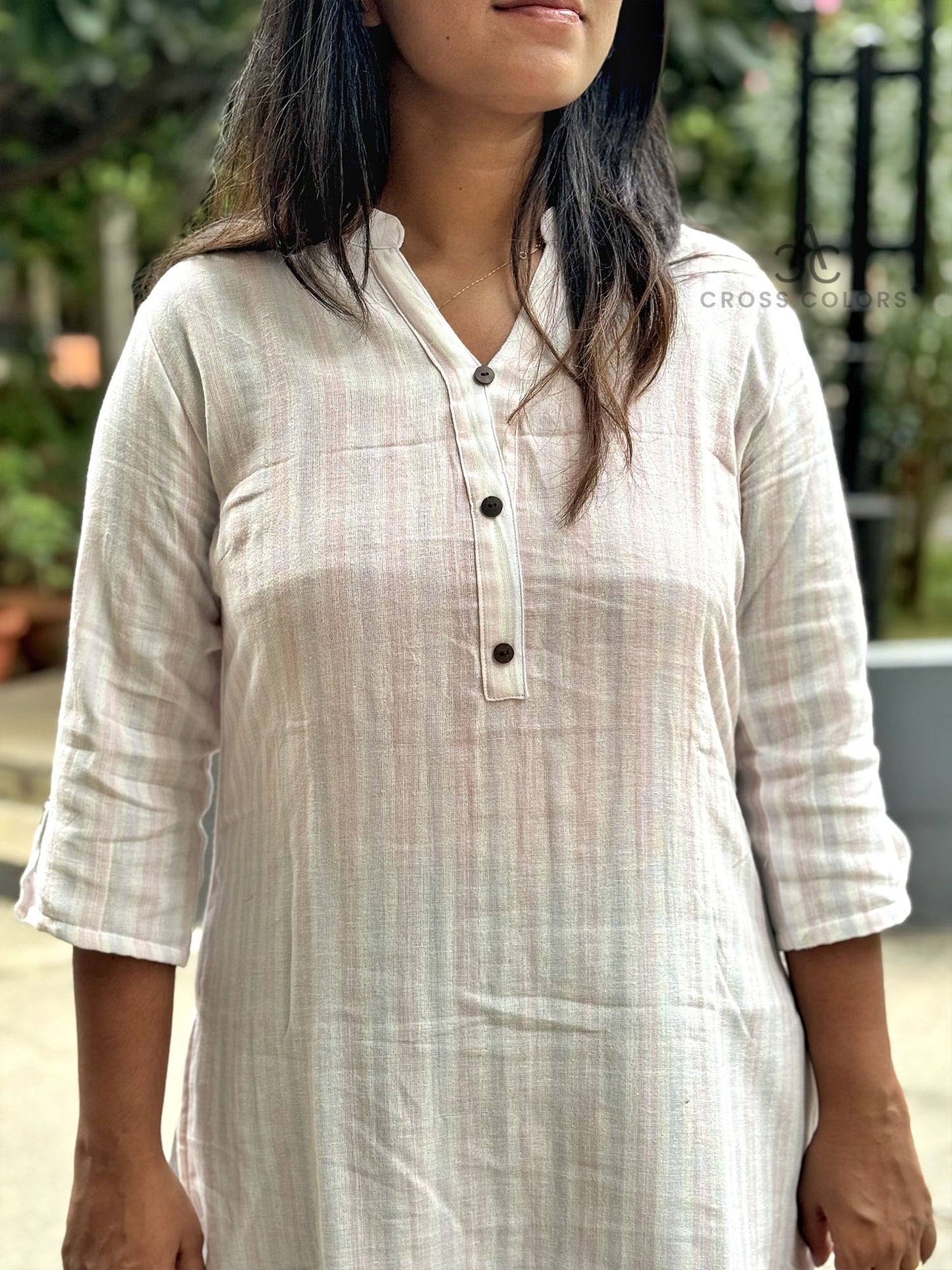 White Striped Kurti – Chinese Collar Straight Fit with 3/4 Sleeves