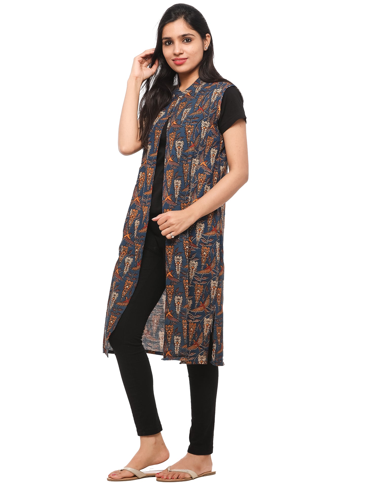 Kalamkari Long Overcoat - Blue