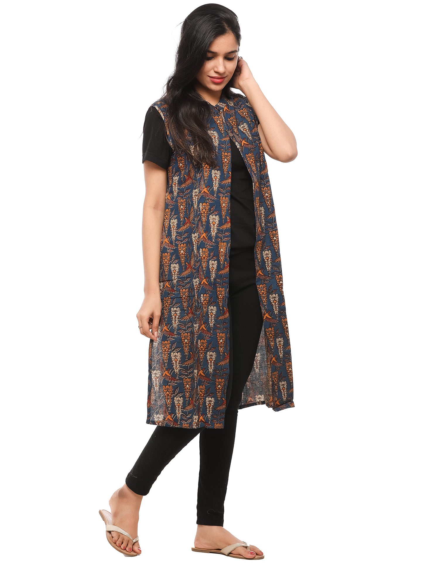 Kalamkari Long Overcoat - Blue