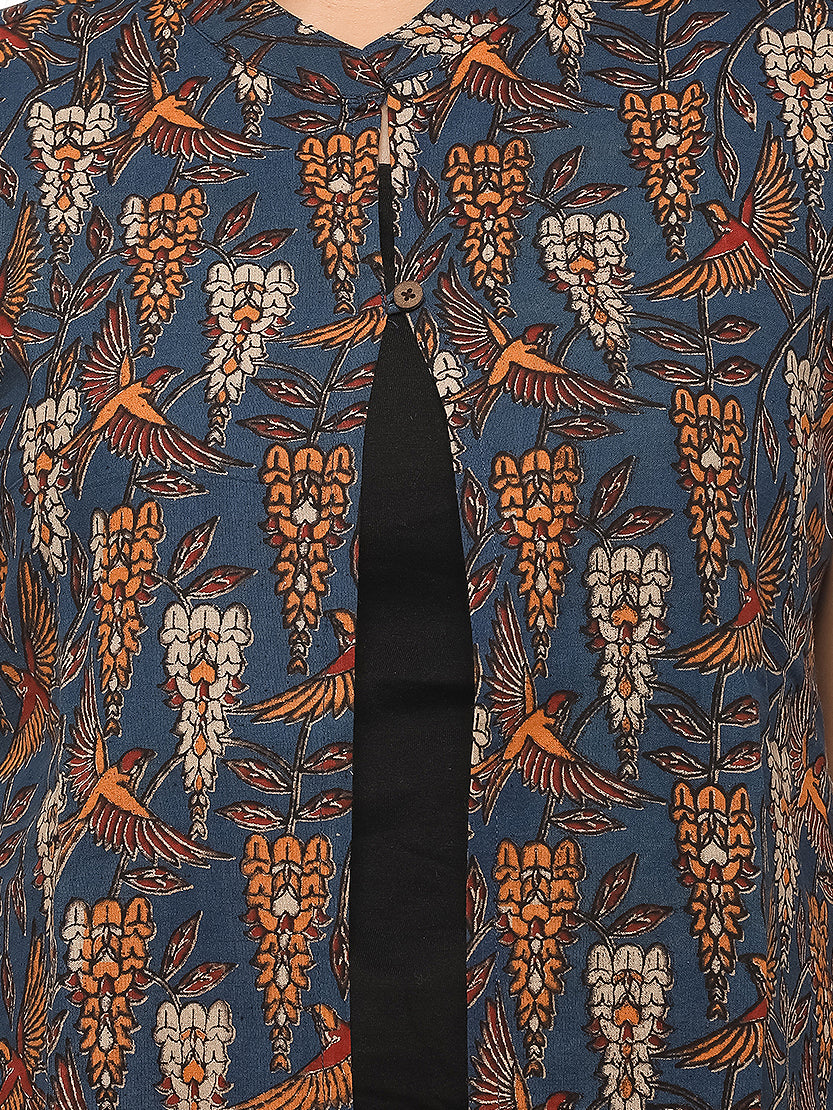 Kalamkari Long Overcoat - Blue