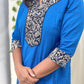 Blue Straight Kurti with Kalamkari Patch | 100% Cotton | 3/4 Sleeves