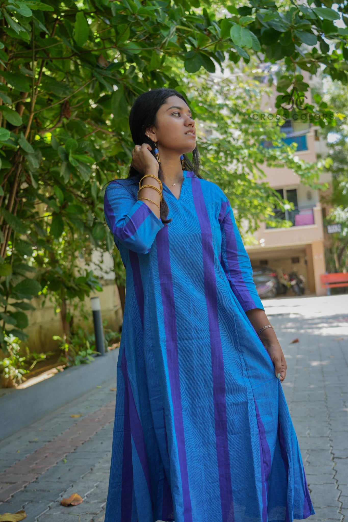 Blue & Royal Blue Striped Princess-Cut A-Line Kurti | 100% Handloom Cotton | 3/4 Sleeves