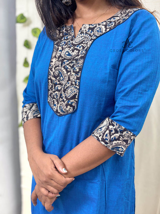 Blue Straight Kurti with Kalamkari Patch | 100% Cotton | 3/4 Sleeves