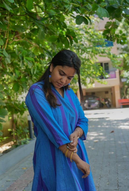 Blue & Royal Blue Striped Princess-Cut A-Line Kurti | 100% Handloom Cotton | 3/4 Sleeves