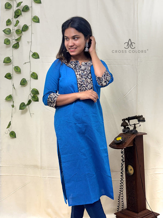 Blue Straight Kurti with Kalamkari Patch | 100% Cotton | 3/4 Sleeves