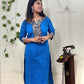 Blue Straight Kurti with Kalamkari Patch | 100% Cotton | 3/4 Sleeves