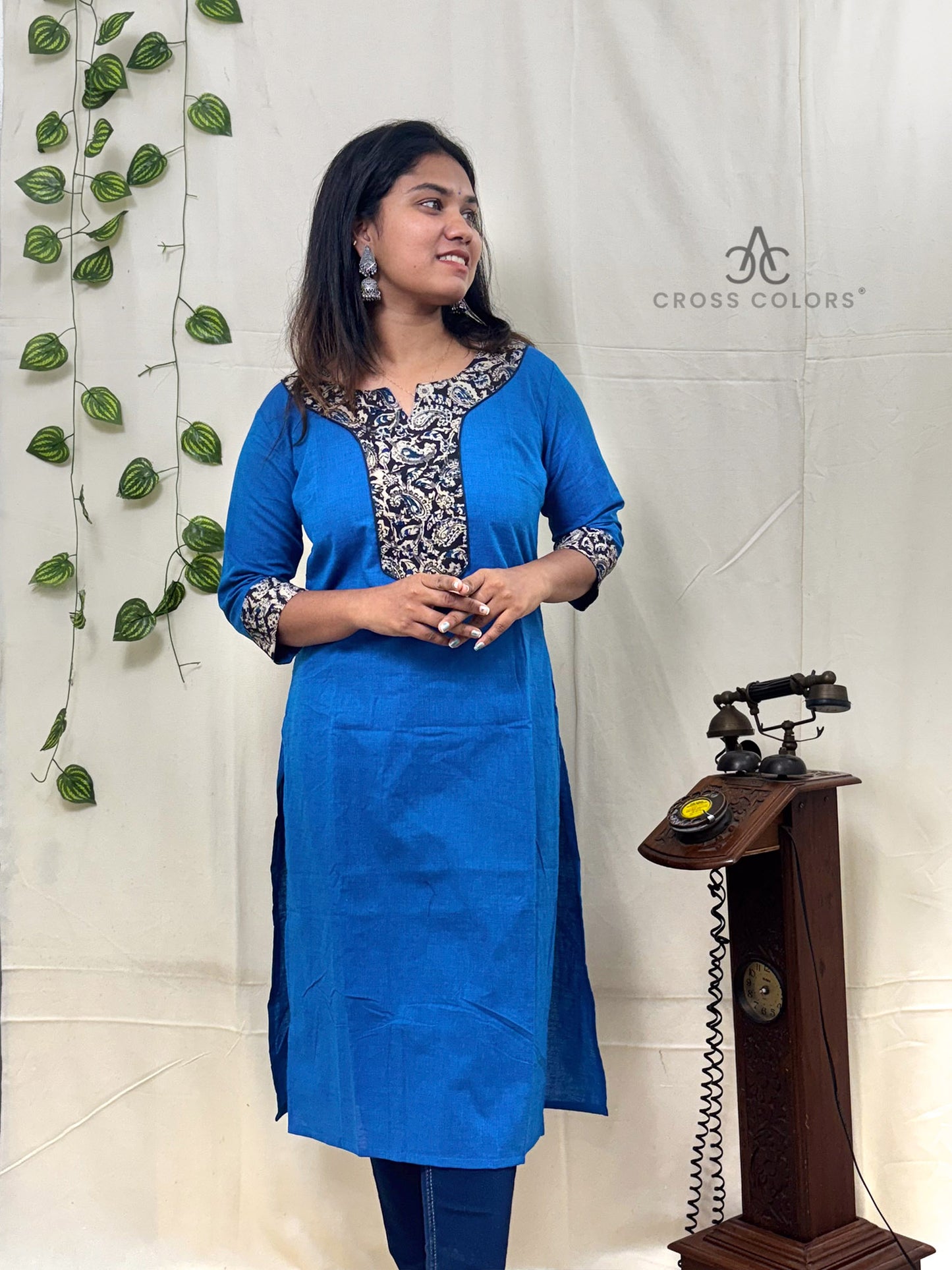Blue Straight Kurti with Kalamkari Patch | 100% Cotton | 3/4 Sleeves